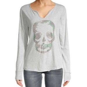 ZADZIG & VOLTAIRE Gray Tunisien Camo Skull Embellished Top Womens S Rhinestone